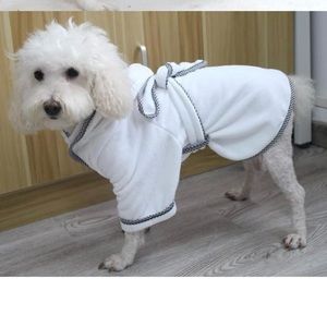 Small Dog Bathrobe with Hood in White w/ Blue Trim